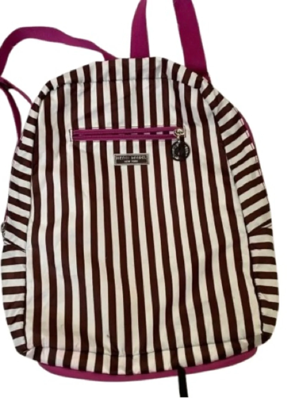henri bendel Brown & White Striped Backpack with Pink Trim